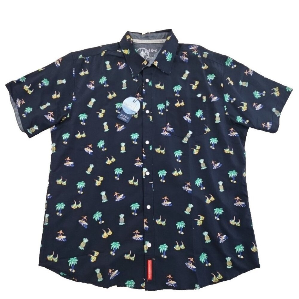 NEW PD & C Short Sleeve Shirt Men's 1X Navy Blue‎ Surfing Motif NWT MSRP$56